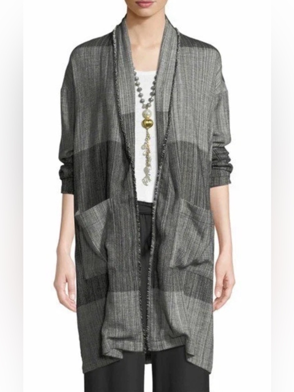 Eileen Fisher Gray Hazy Blocks Organic Cotton Duster Cardigan Jacket S/M